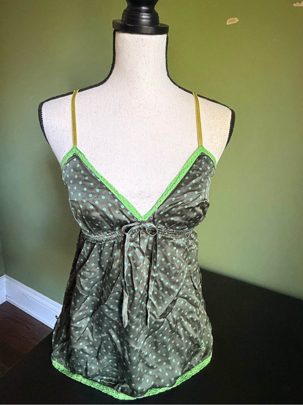 DEPT Olive Green Polka Dot Lace-Trim Y2K Cami Top size small